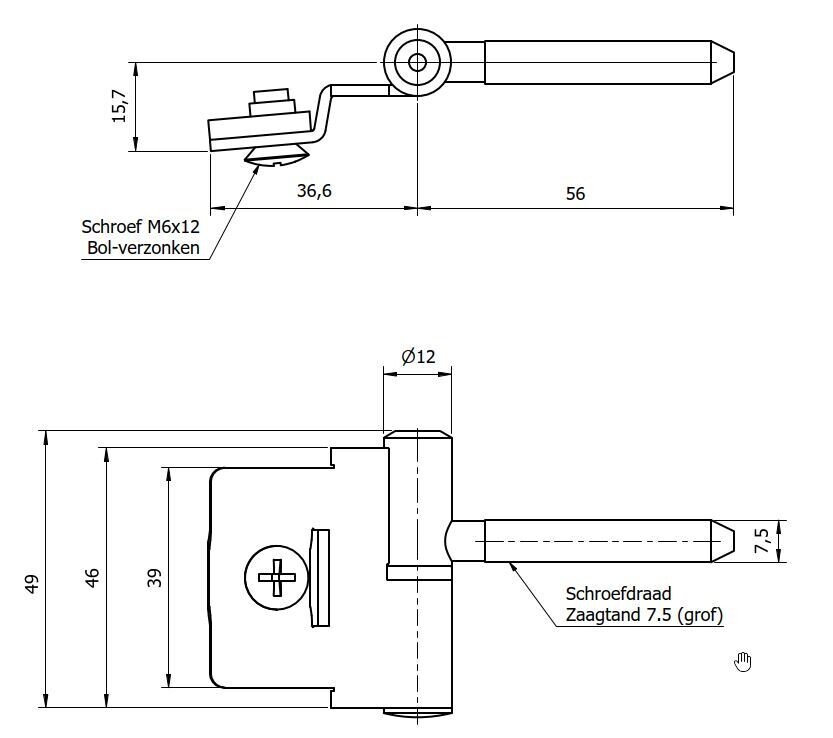 Paumelle 0057-2R Compleet, Zaagtand schroefdraad, Ring+Dop Zwart