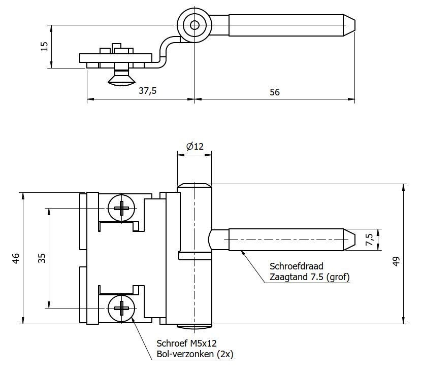 Paumelle 0056-2R Compleet, Zaagtand schroefdraad, Ring+Dop Zwart