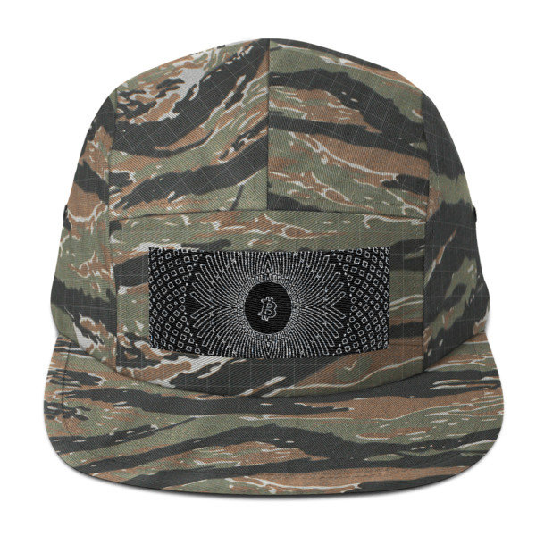 BITCOIN in GRIM DARKNESS - (FIVE PANEL CAP), Color: Green Tiger Camo