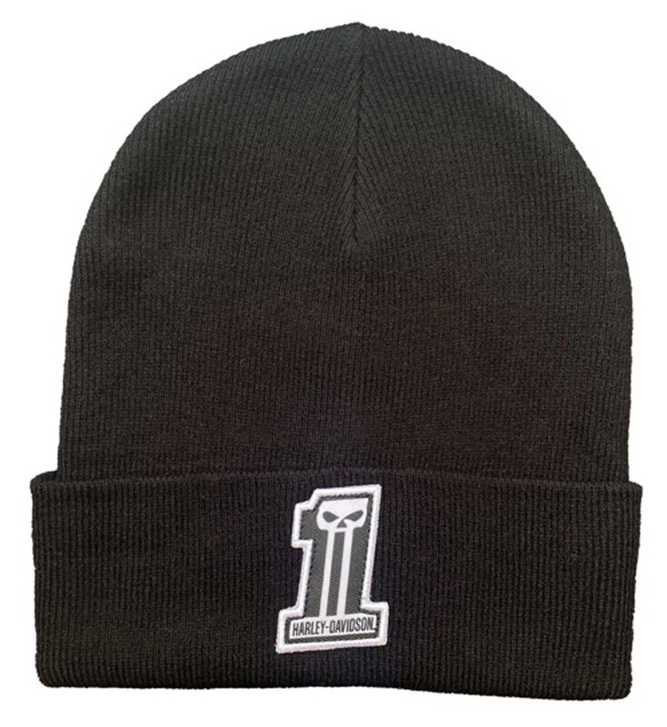 Harley-Davidson MensWOVEN DARK CUSTOM #1 Skull Patch Cuffed Beanie Hat 5029008803