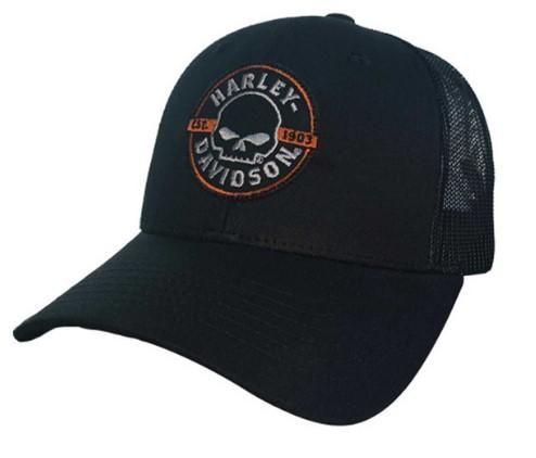 Harley-Davidson Men&#39;s Embers Skull Adjustable Snapback Mesh Trucker Hat - Black 5029010503
