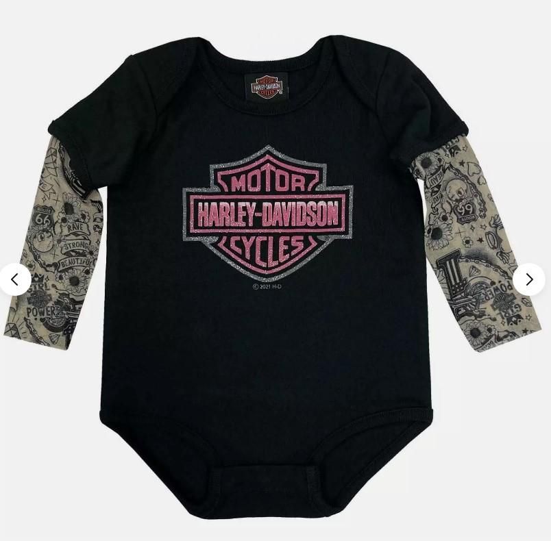 Harley-Davidson Baby Girls&#39; Glitter B&amp;S Mesh Tattoo Long Sleeve Creeper 889114142499
