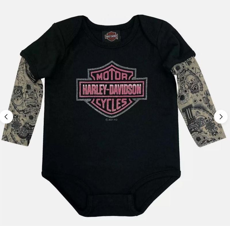 Harley-Davidson Baby Girls&#39; Glitter B&amp;S Mesh Tattoo Long Sleeve Creeper 889114142499