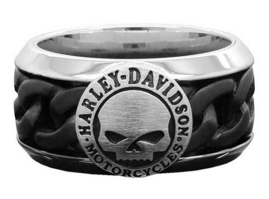 Harley-Davidson Men&#39;s Black Steel Chain Willie G Skull H-D Ring HSR0030