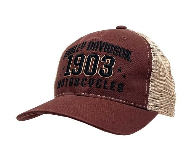 Harley-Davidson Men&#39;s Greased 1903 Adjustable Snapback Mesh Trucker Hat - Rust 5029013103