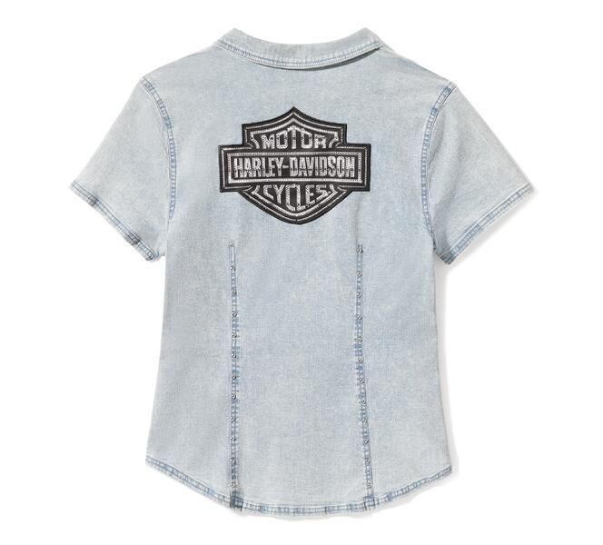 Essential Bling Chambray Short Sleeve Zip Front Shirt