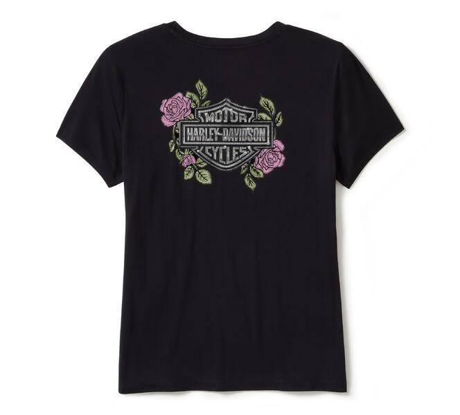 Women&#39;s Rose &amp; Thorn Bling V Neck Tee - Harley Black 96546-25VW
