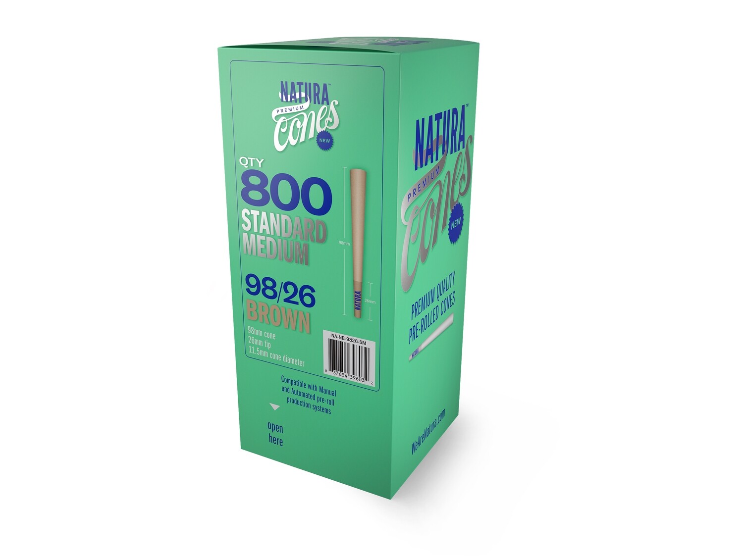 Natura 98mm Pre-Rolled Cones - 800ct (White and Brown), Paper Type: Unbleached Brown