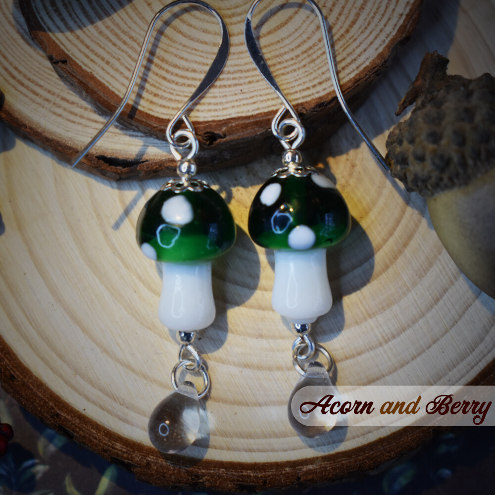 Glass Mushroom Earrings - Green