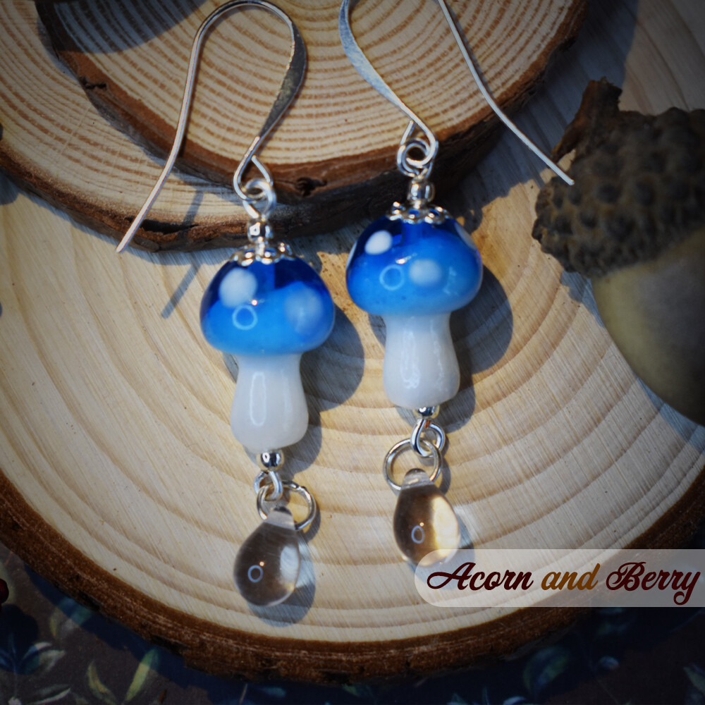 Glass Mushroom Earrings - Blue