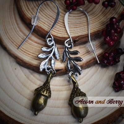 Elegant Acorn Earrings - Silver and Brass