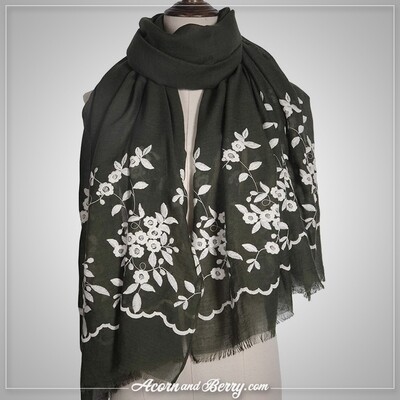 Embroidered Scarf - Forest Green