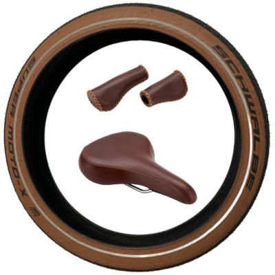 iSY Retro-Set braune Ledergriffe Ledersattel und zwei Reifen iSY Retro-Set braune Ledergriffe Ledersattel und zwei Reifen