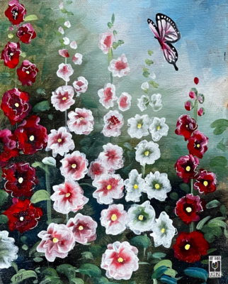 Happiness is Hollyhocks Painting