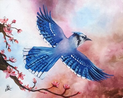 Cherry Blossom Blue Jay Painting