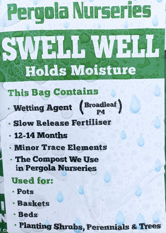 50 Lt Swell Well ,12 Months slow release fert. All major ,minor nutrients .wetting agent Use when planting ,in pots ,baskets Good compost =excellent results Charge per bag carriage due to weight 50 Lt Swell Well ,12 Months slow release fert. All major ,minor nutrients .wetting agent Use when planting ,in pots ,baskets Good compost =excellent results Charge per bag carriage due to weight