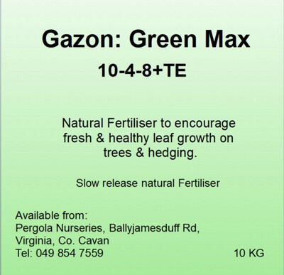 Green Max GREENMAX Fertiliser for Hedging and Trees Encourages the production of healthy fresh foliage Apply every 4-6 Weeks from now until October. 10 kg size Green Max GREENMAX Fertiliser for Hedging and Trees Encourages the production of healthy fresh foliage Apply every 4-6 Weeks from now until October. 10 kg size