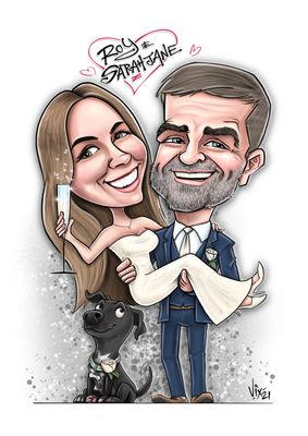 Bride and groom couple caricature with their dog commission from photos wedding caricature for guest signing
