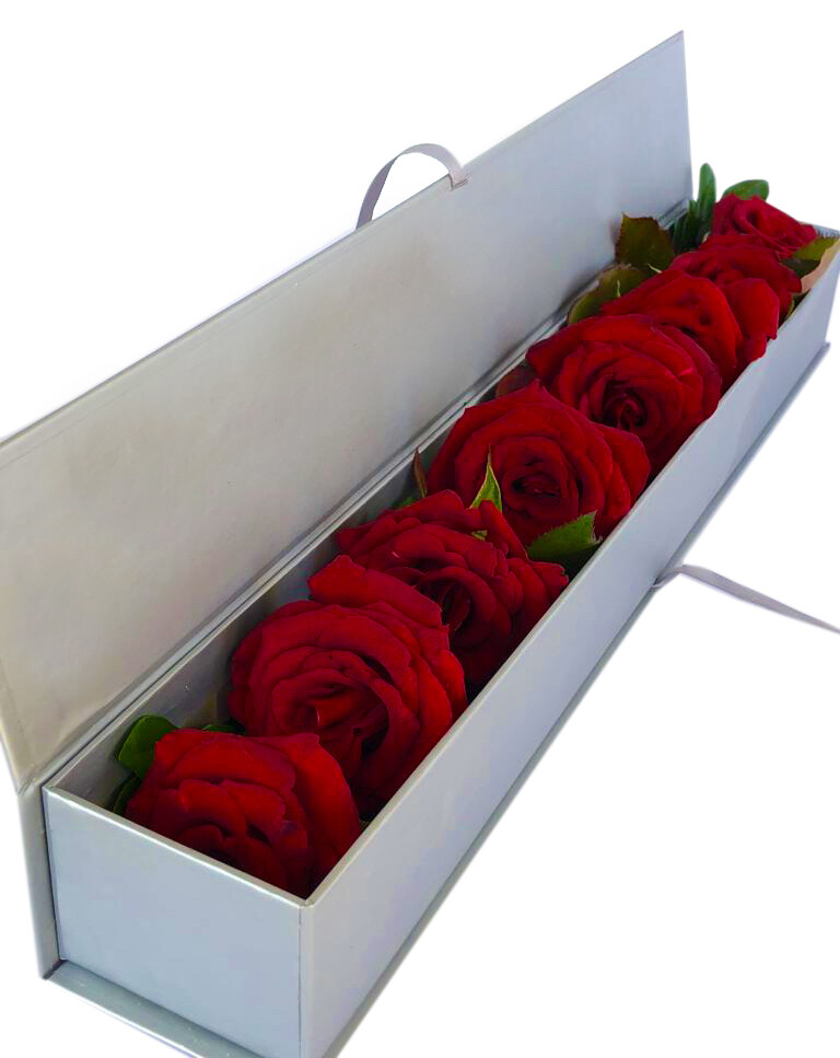 V 8 Red Roses in a silver box