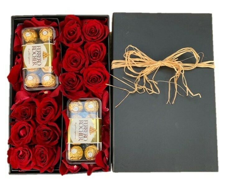 Red Roses in Drawer black Box with chocolates frerro rocher