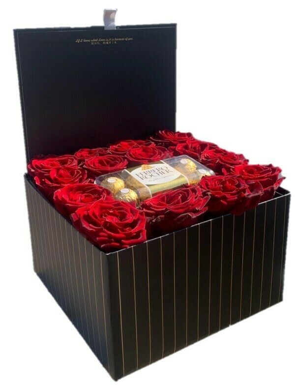 Large black box of roses with chocolate