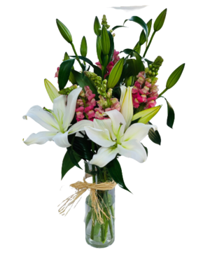 white and pink lilies vase