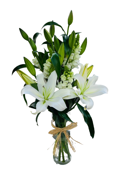 white lilies vase