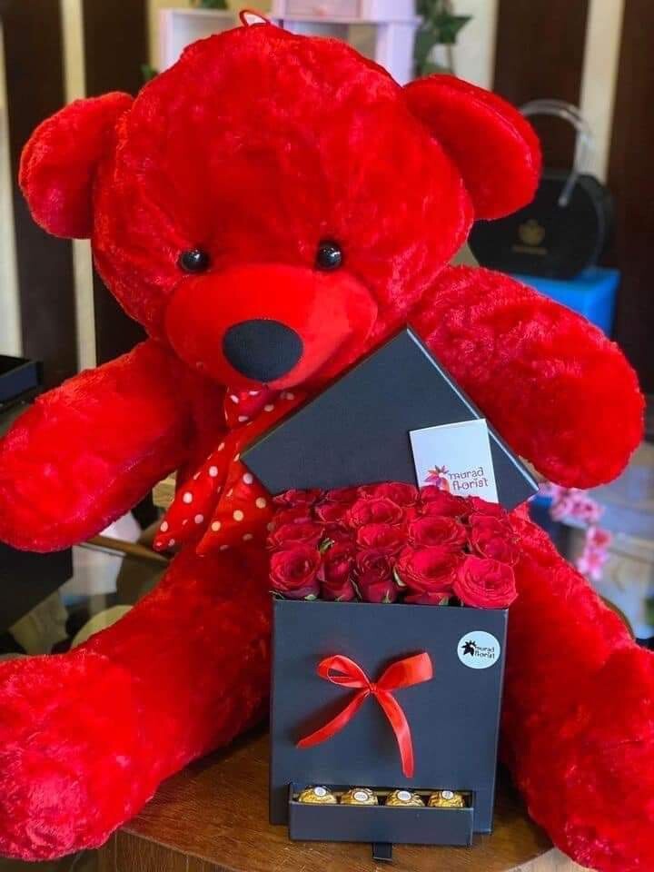 Red Roses in black box with chocolates and teddy