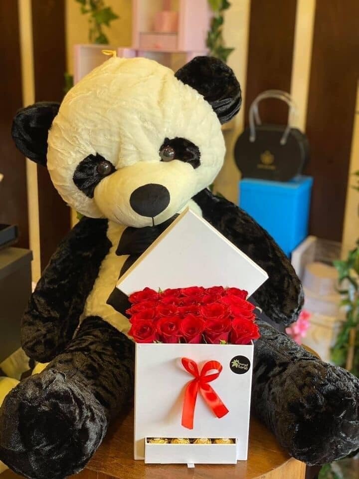 Red Roses in box with chocolates and teddy