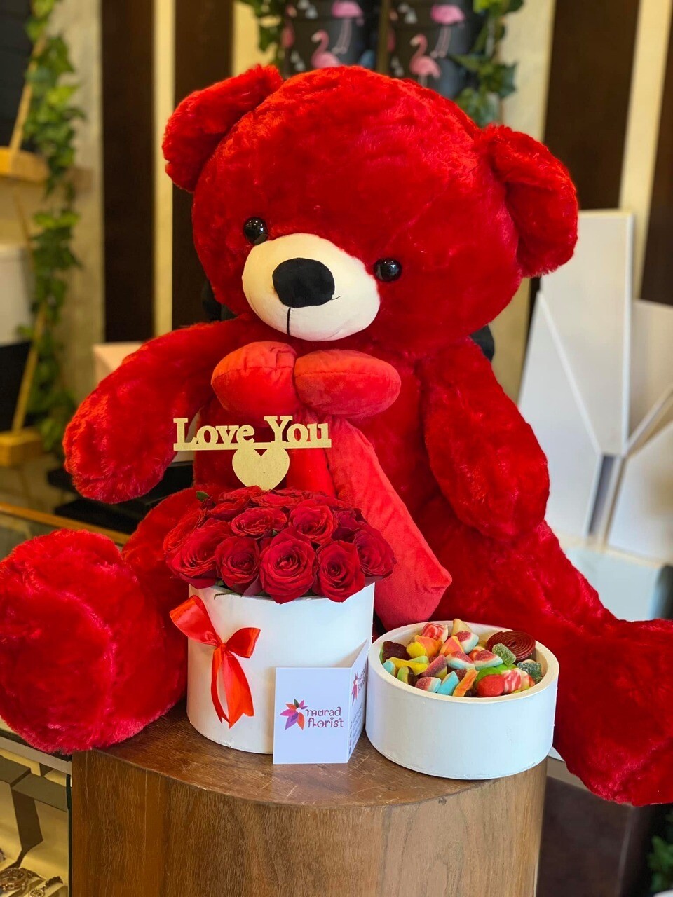 Red Roses in White box with candy and teddy