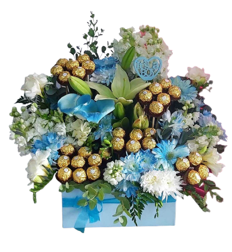Blue Box of Flowers with 24 Ferrero Rocher Chocolates Jordan