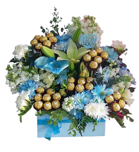Blue Box of Flowers with Ferrero Rocher Chocolates Jordan