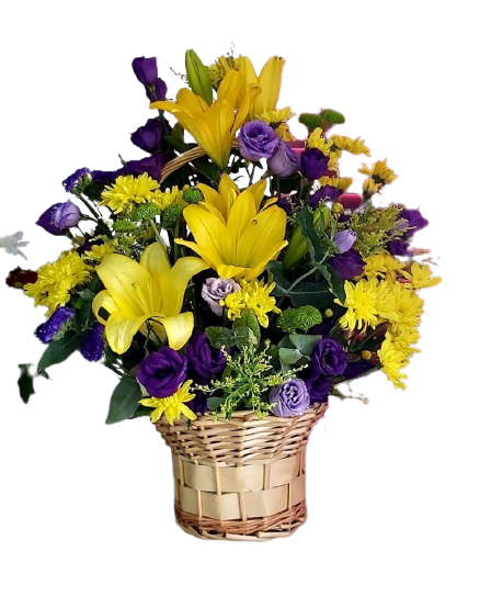 Yellow Lilies with Purple Roses in a Basket Jordan