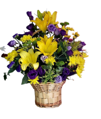 Yellow Lilies with Purple Roses in a Basket Jordan
