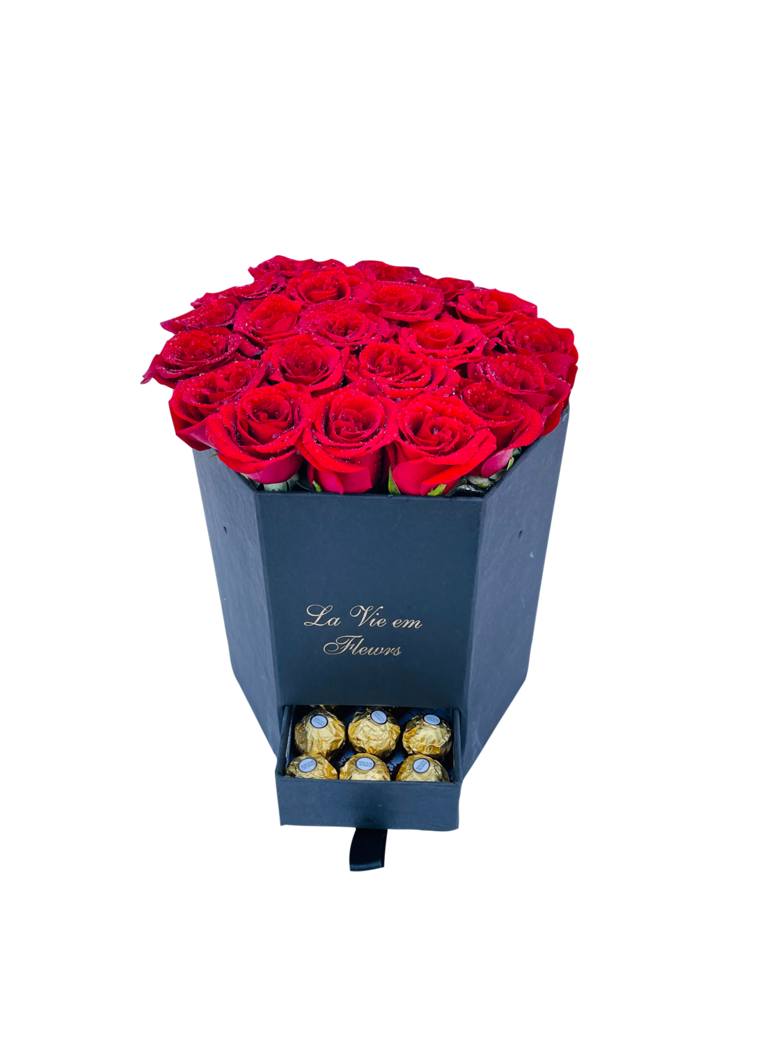 Red Roses in black box with chocolates