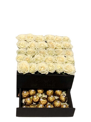 30 White Roses In Black FlowerMad Box