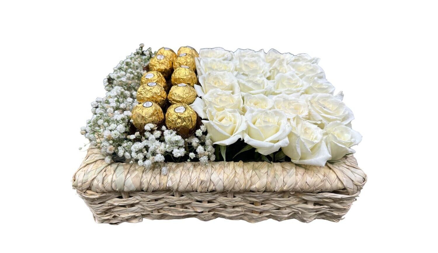 White Roses Box with Baby Flowers and Chocolate