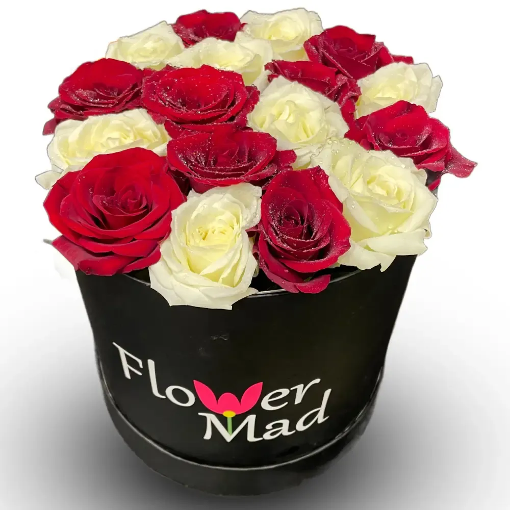 Round Box with 20 Red &amp; White Roses