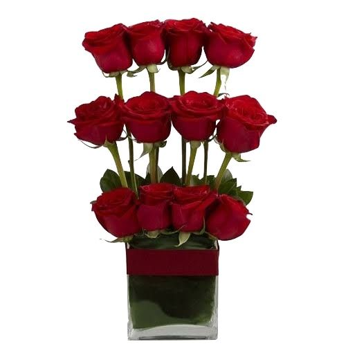 Square Glass Vase with Red Roses