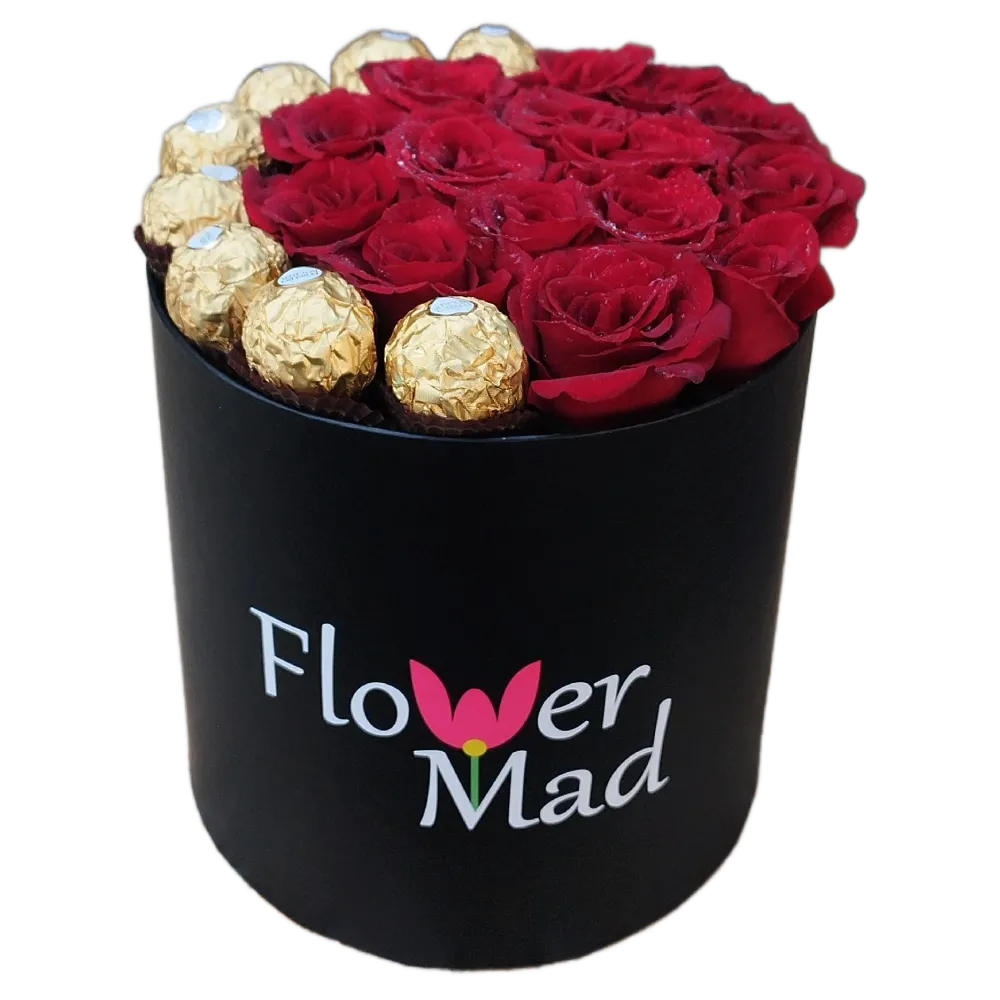 Elegant Red Roses &amp; Ferrero Rocher Round Box