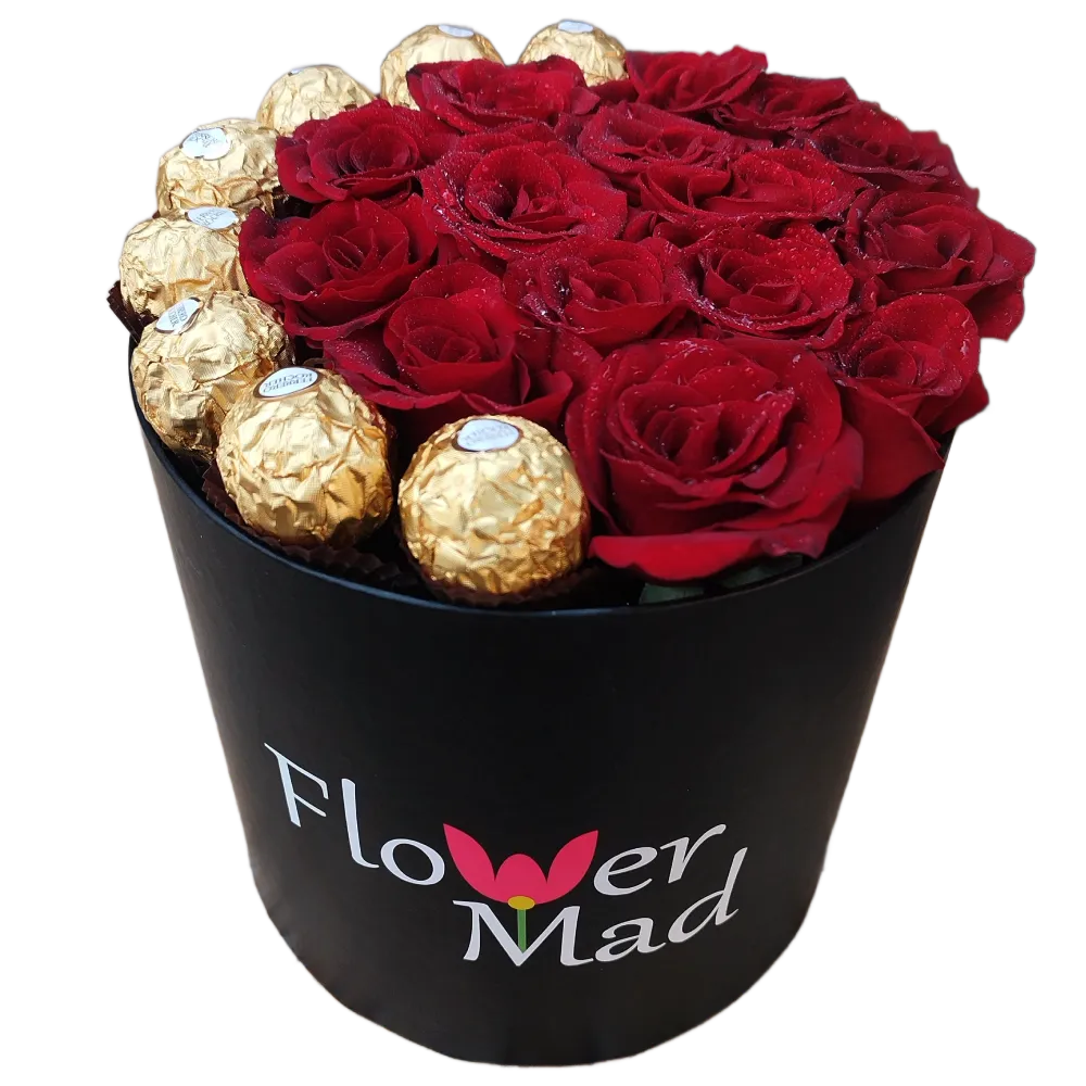 Elegant Red Roses &amp; Ferrero Rocher Round Box