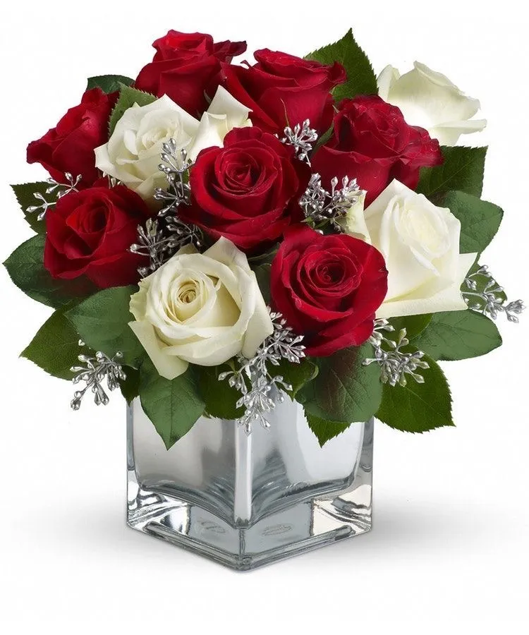 Square Vase Centerpiece with Red and White Roses