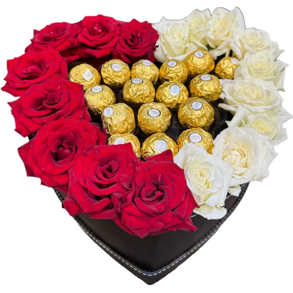 Heart Box with Red &amp; White Roses and Ferrero Rocher