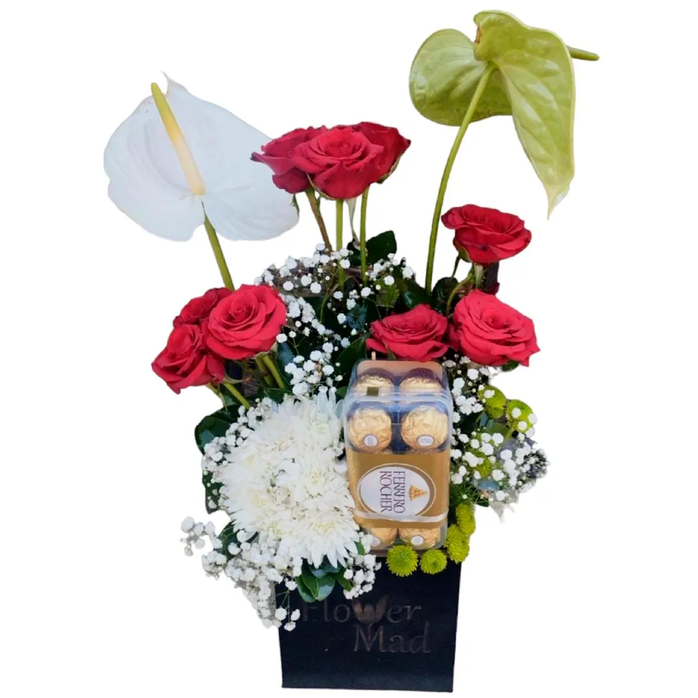 Red Roses and Anthuriums with Chocolate in Wooden Box