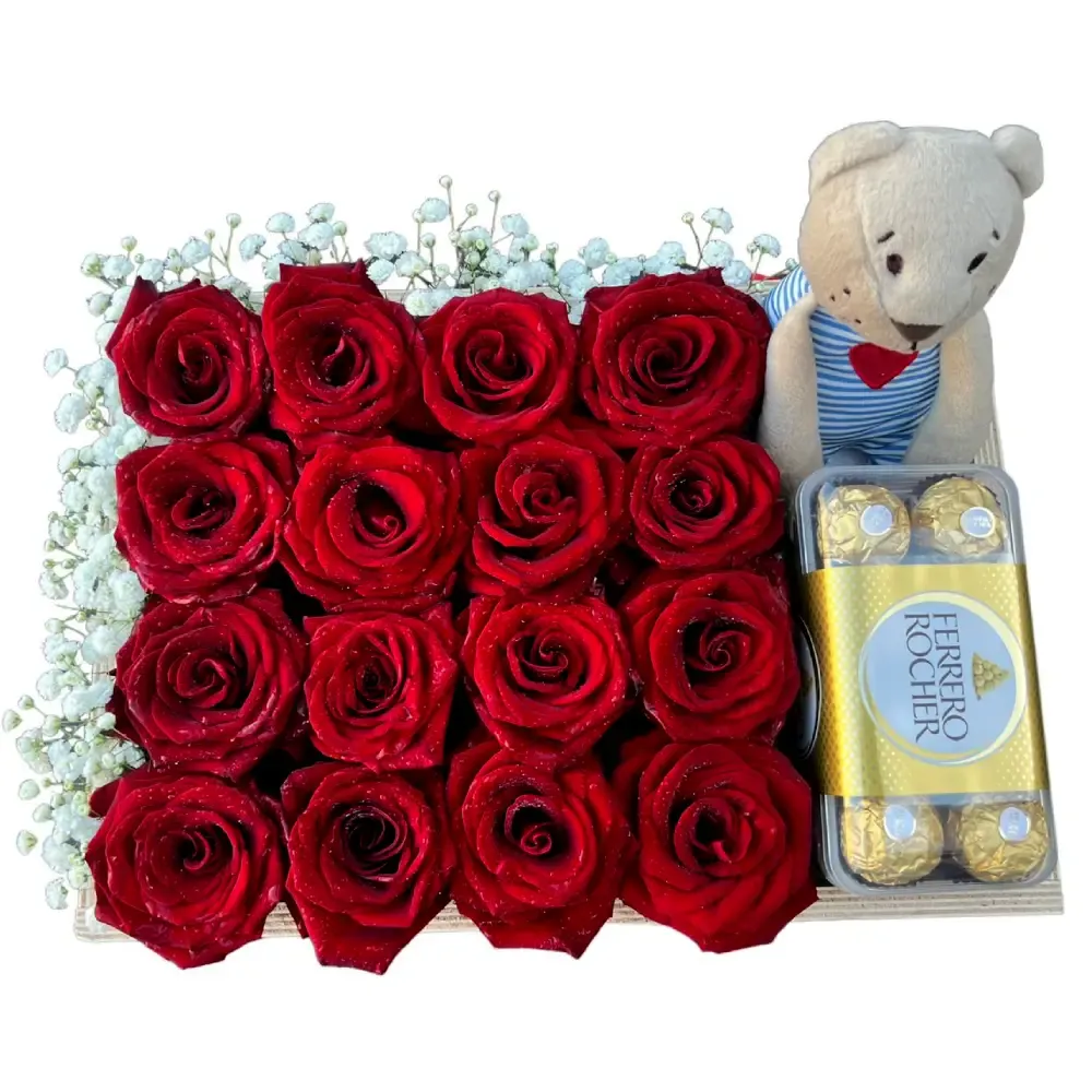 16 Red Roses &amp; Ferrero Rocher &amp; Teddy Bear