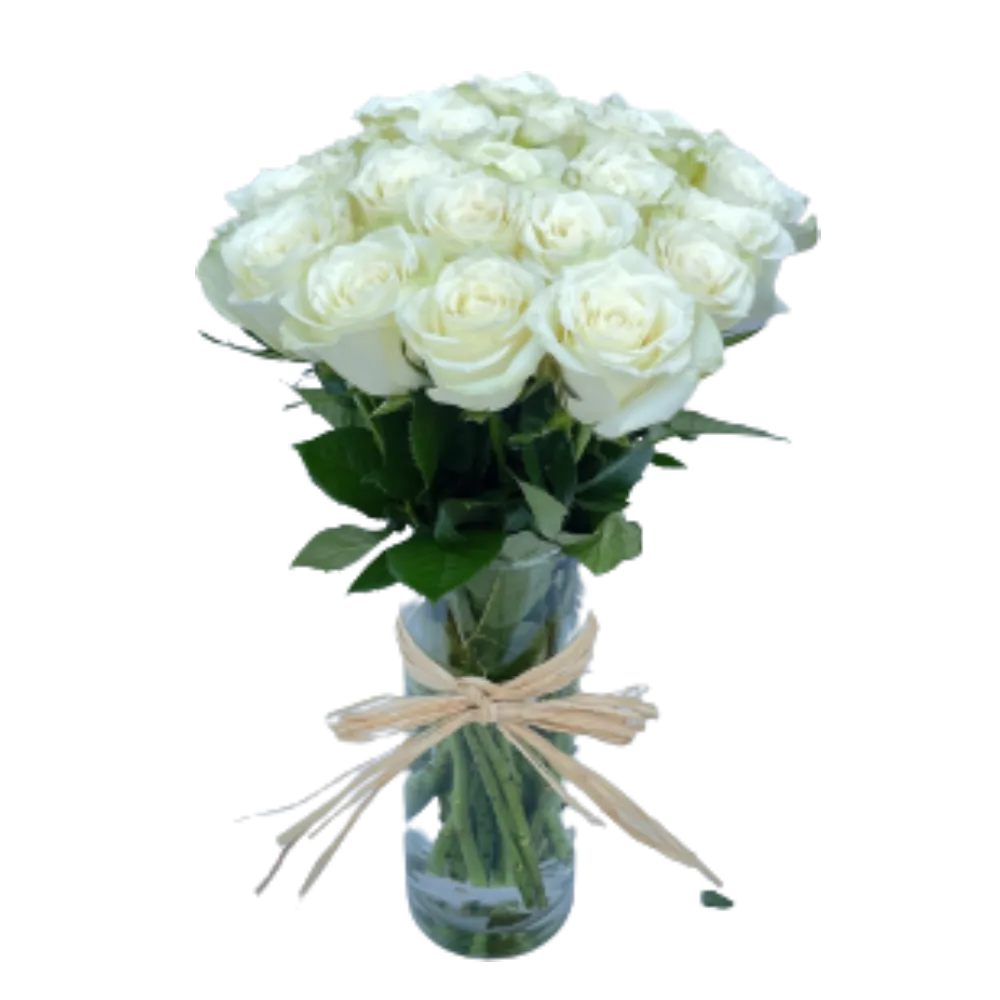 20 White roses in glass vase