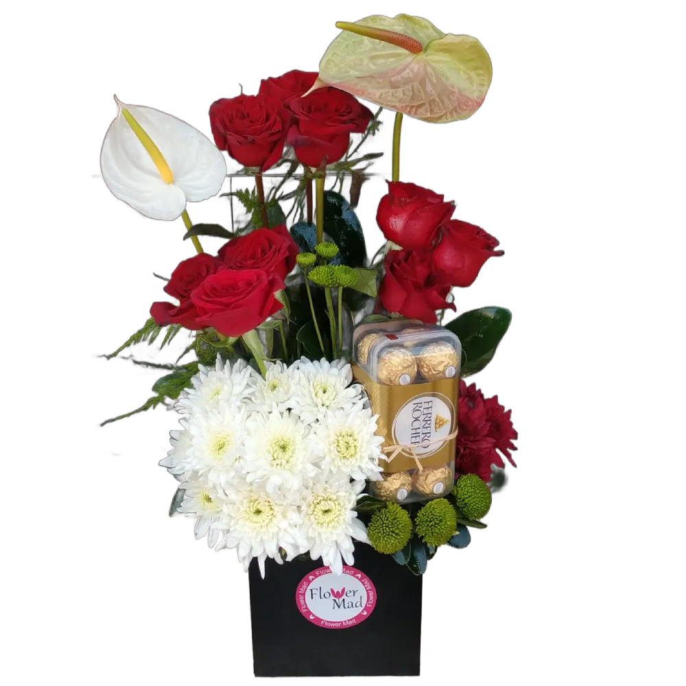 Red Roses and Anthuriums with Chocolate in Wooden Box