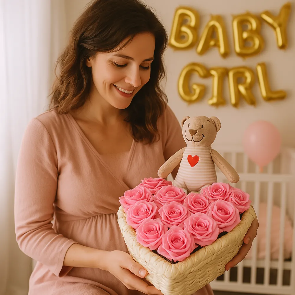 Natural Pink Roses Basket - Baby girl with pink teddy bear