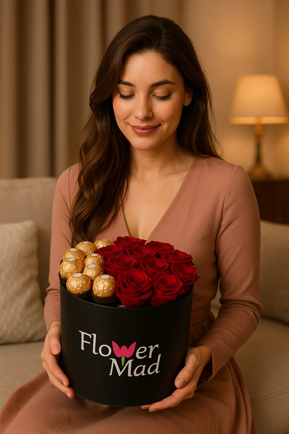 Elegant Red Roses &amp; Ferrero Rocher Round Box