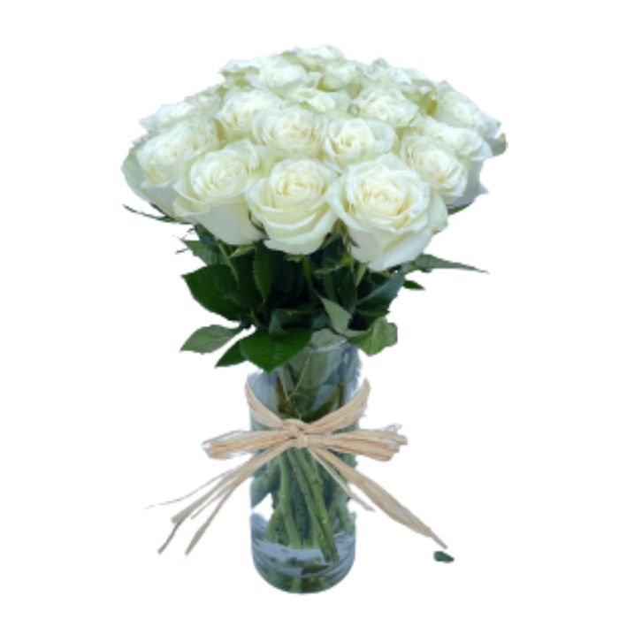20 White roses in glass vase